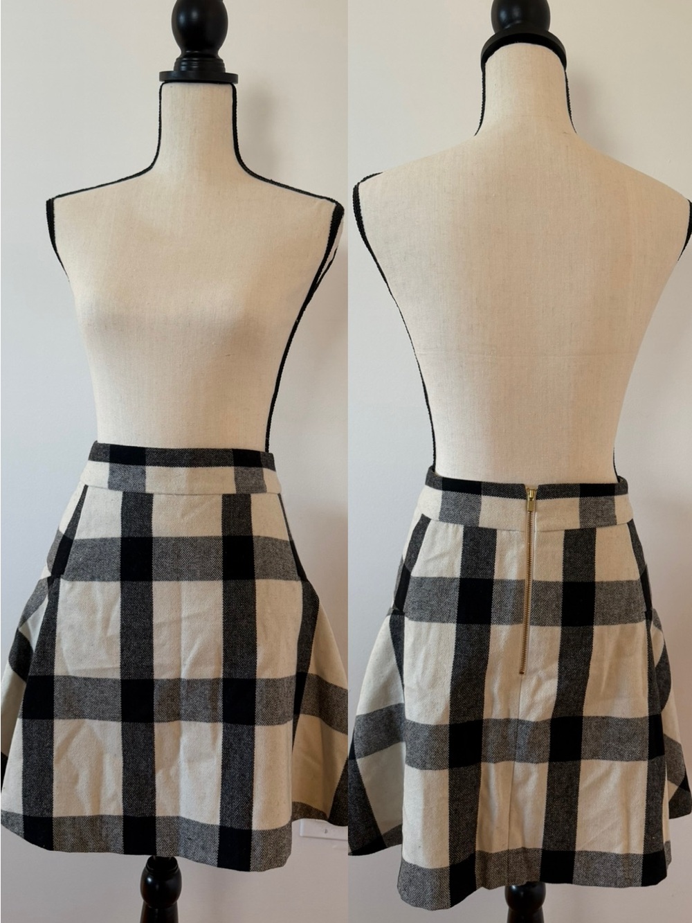 Banana Republic Black and Cream Plaid Circle Skirt